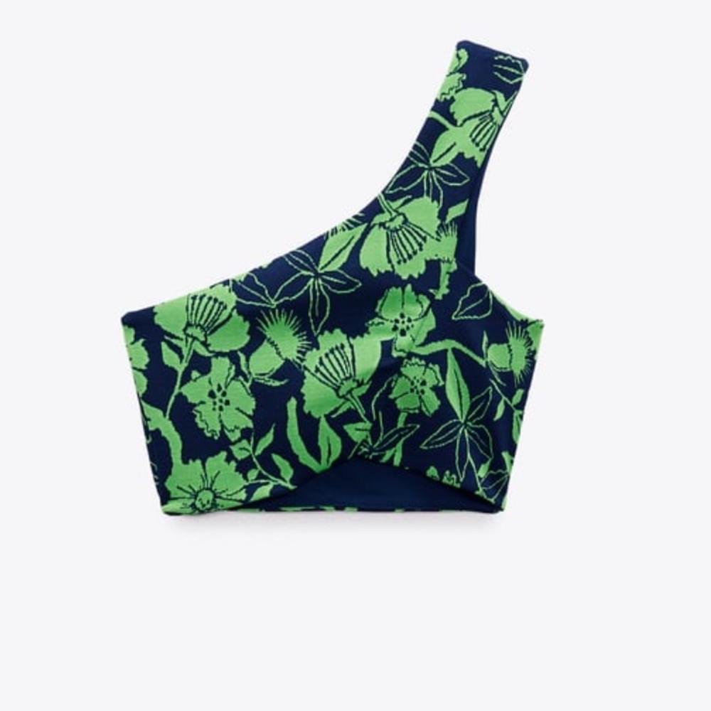 ZARA Jacquard top with asymmetric neckline and strap Blue Green Crop Top Large - Picture 4 of 15